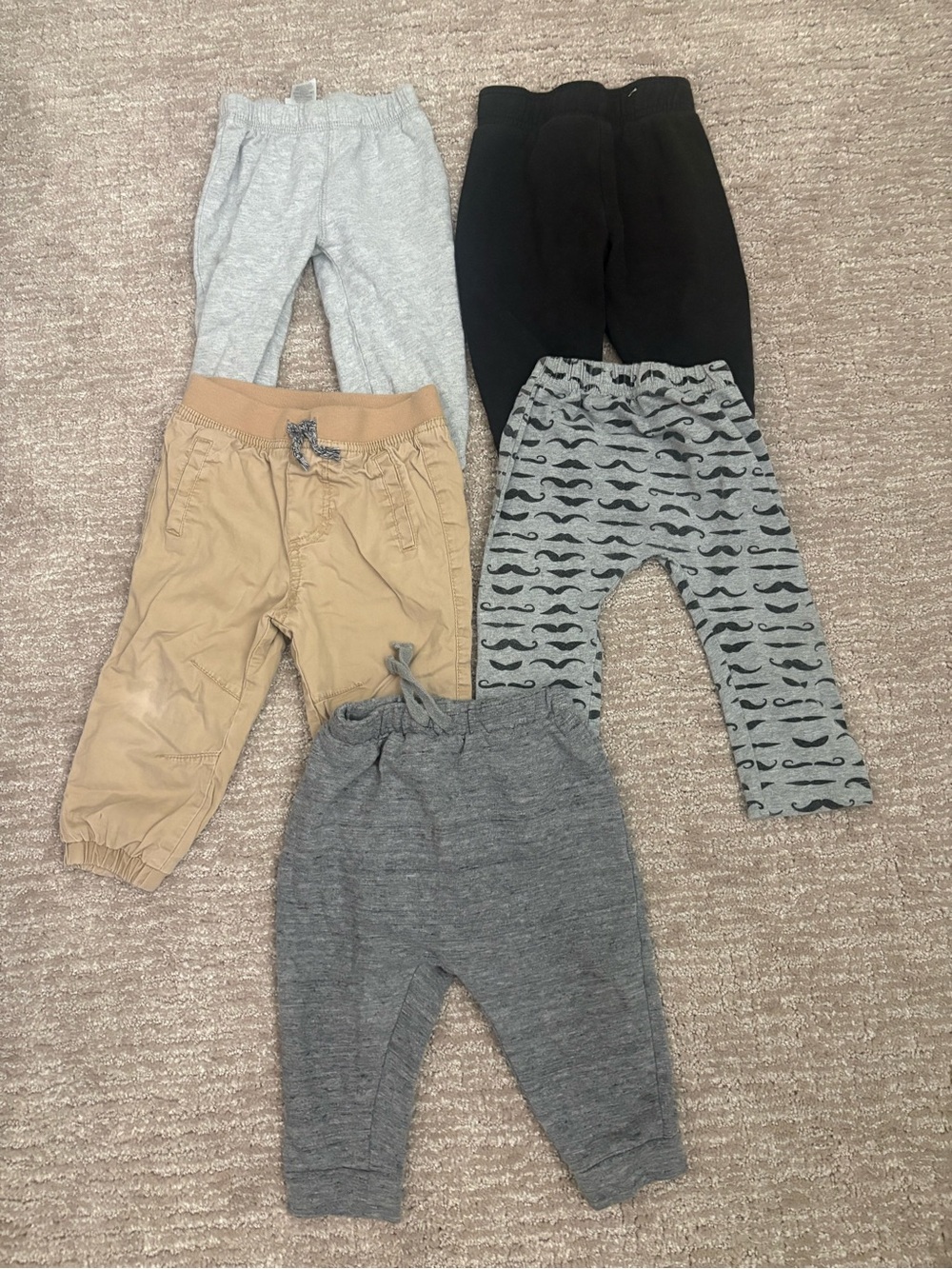 Set of 5  boys 12month Jogger & Pant Pack - Gray, Black, Tan